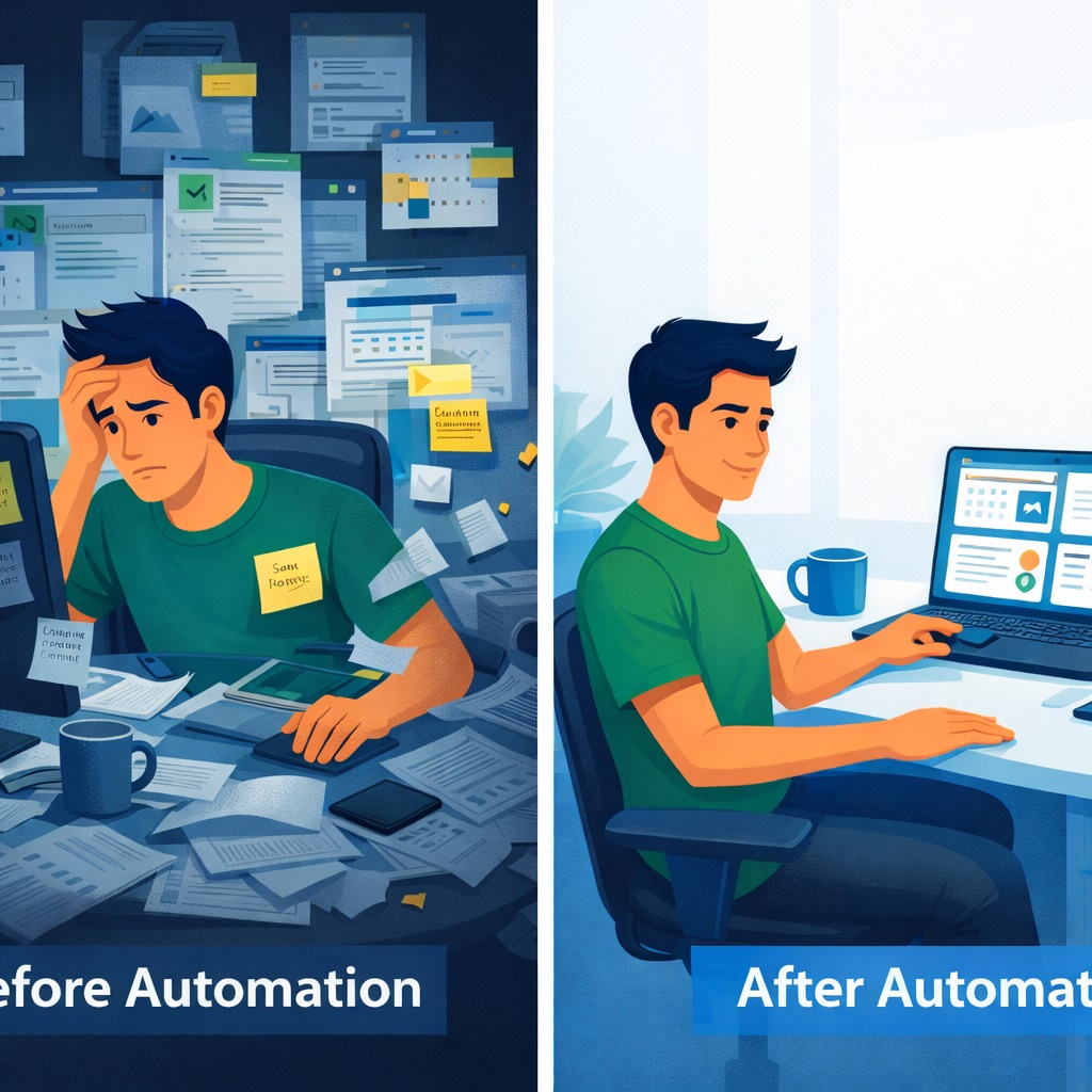 Before and after comparison showing chaotic manual client onboarding versus streamlined automated process