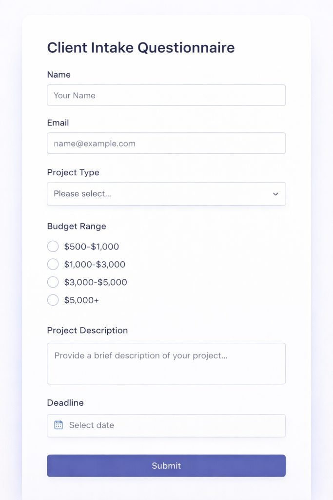 Example client intake form template with project details, budget, and timeline fields