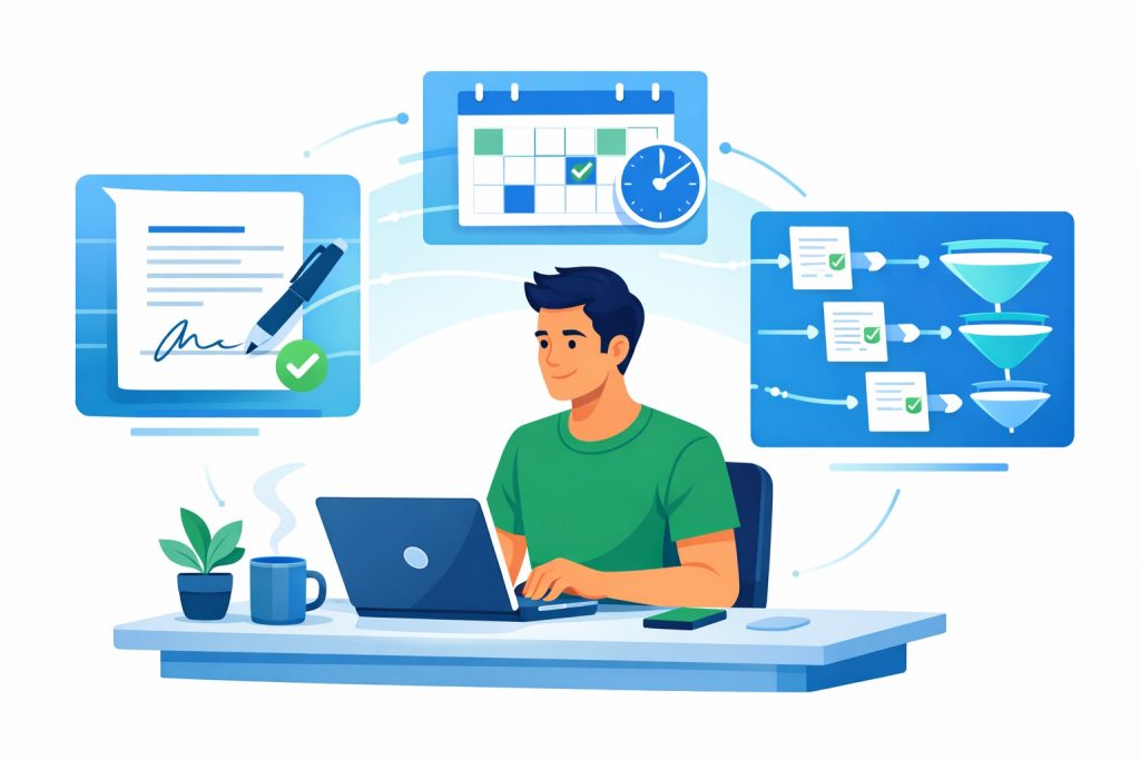 Freelance client onboarding automation workflow visualization showing automated contracts and intake forms