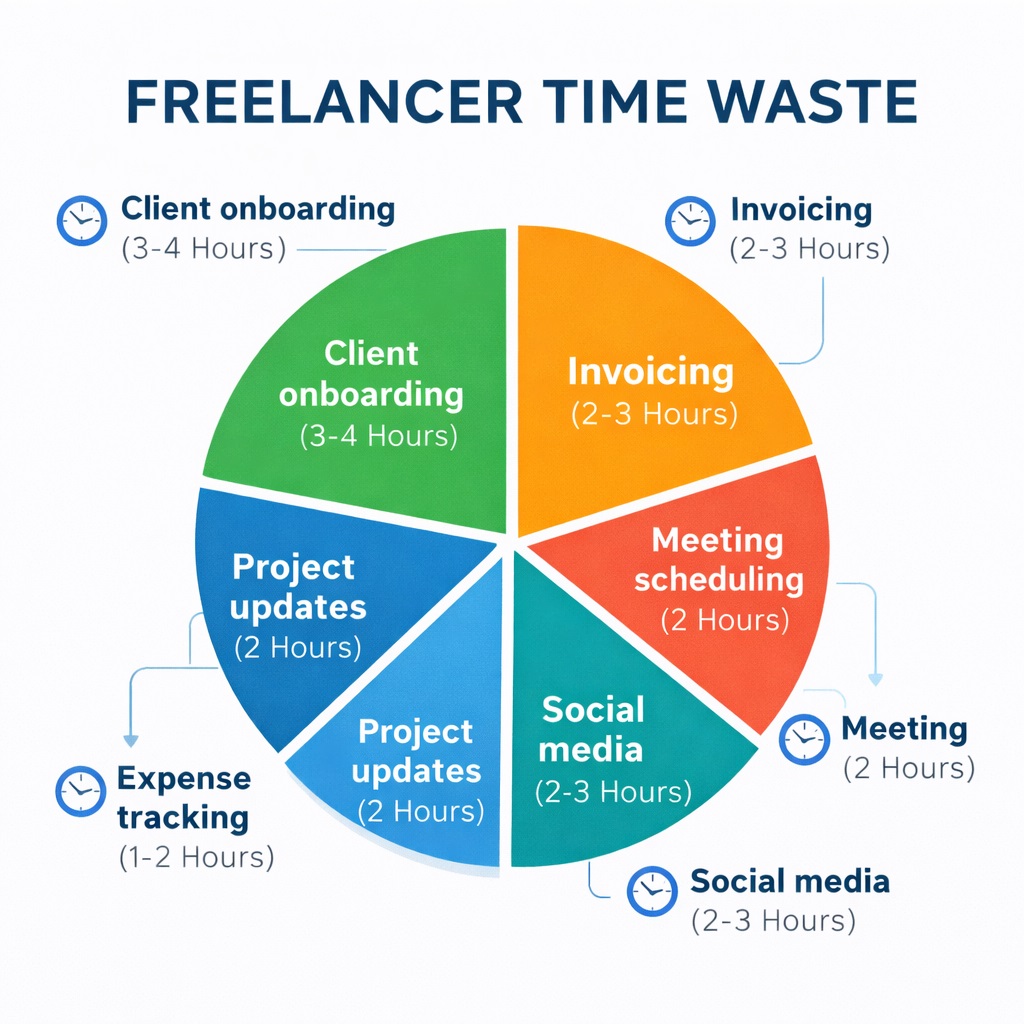 Weekly time breakdown showing 15+ hours lost to administrative tasks for freelancers