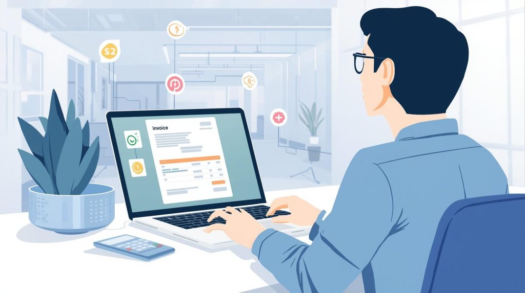 Freelancer sending invoices digitally with laptop and calculator, representing automated billing and payment tracking