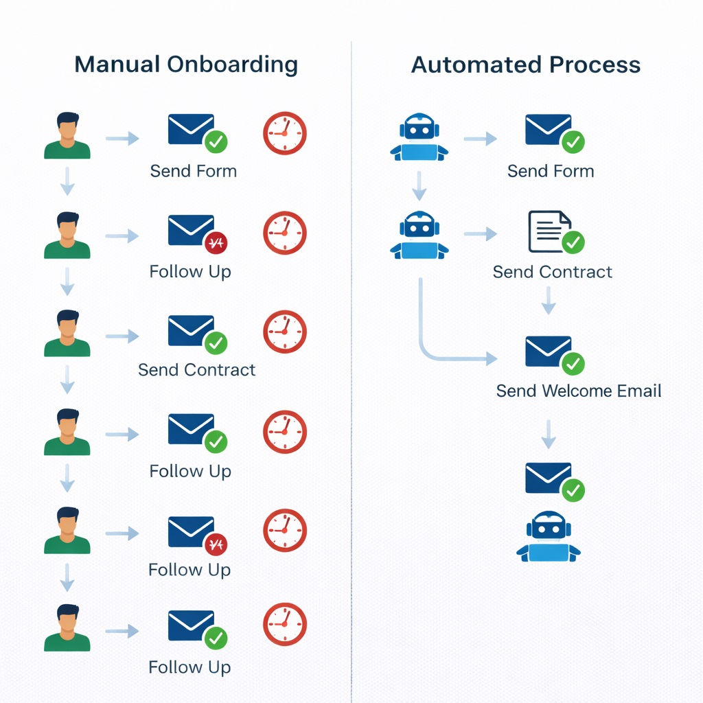 Flowchart comparing manual 12-step client onboarding versus automated 3-step process