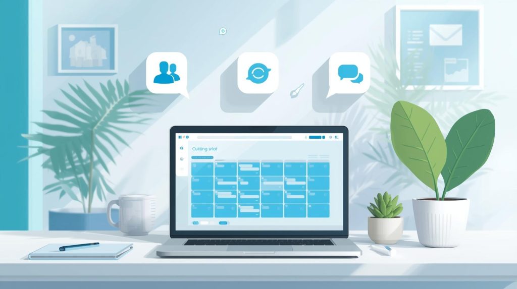 Freelancer managing calendar, video call, and chat messages on laptop illustrating scheduling and client communication tools