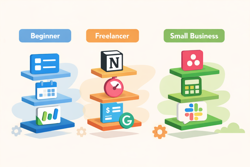 Infographic showing stacked tools for freelancers and small businesses including task management, invoicing, scheduling, and automation