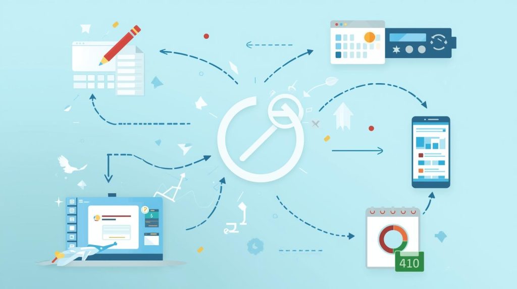 Illustration of interconnected apps and automated workflows showing tasks moving between forms, calendars, and payments